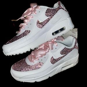 Nike Airmax 90’s All Sizes Luxe Crystal Light Rose Pink Design With Ribbon Laces